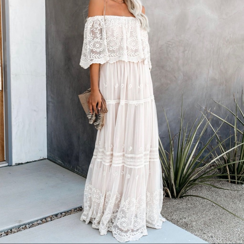 Vici Flower Child Off The Shoulder Lace Maxi Dress